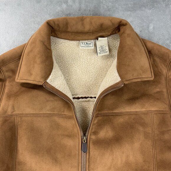 L.L. Bean Chore Barn Coat Sherpa Lined Faux Suede Jacket Mens Brown Fleece Large - Picture 4 of 12